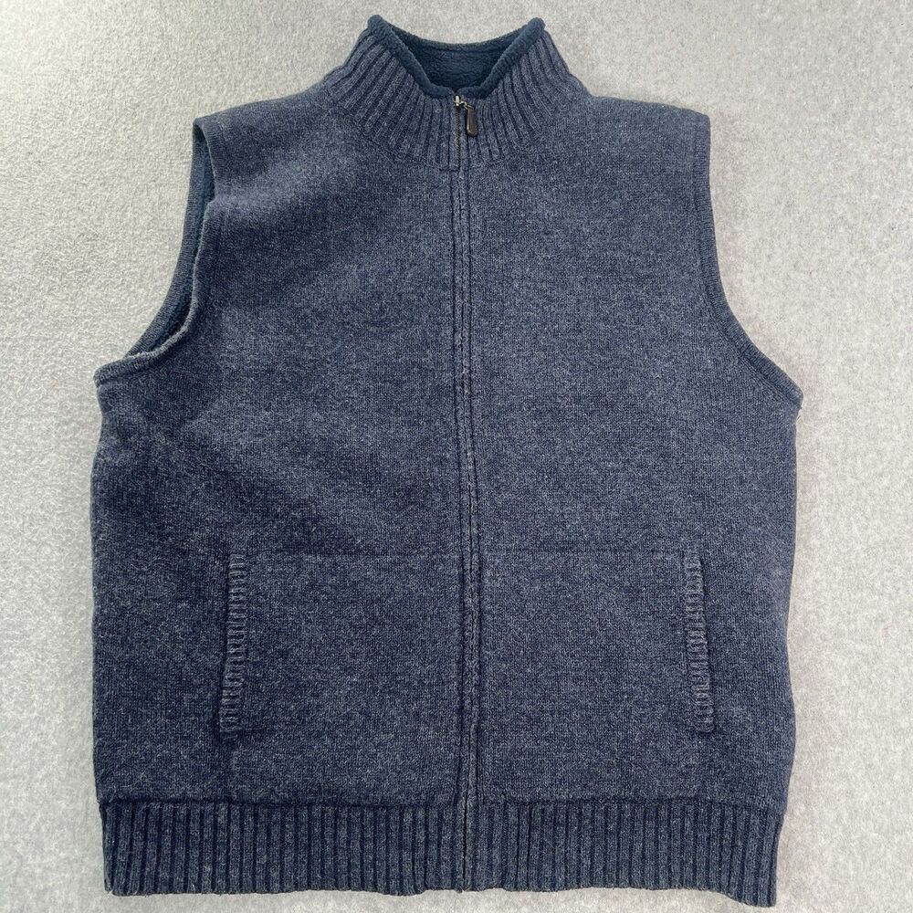 LL Bean Lambs Wool Sherpa Lined Sweater Vest Full Zip Men's Large Blue EUC DLR7